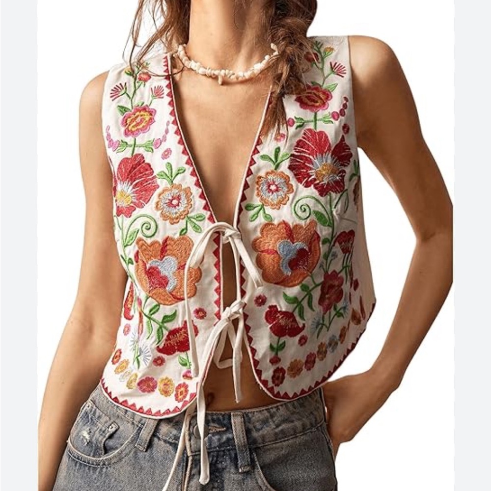 White Floral Embroidered Tie-Front Vest